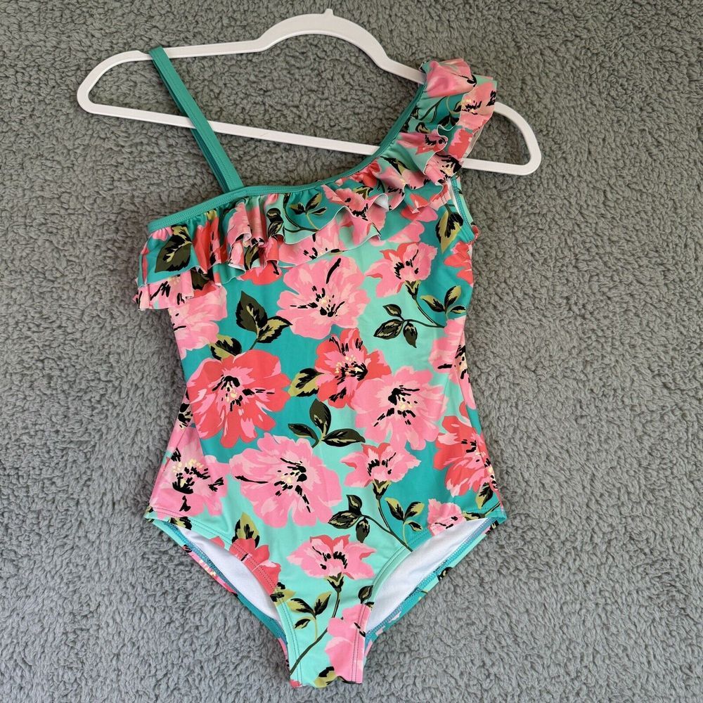 Kanu Kids Swimsuit Pink Green Floral 1 Piece Ruffle One Shoulder Size 14‎ NWOT